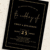 3 Fotos Script Line QR Code Black Gold Wedding Einladung