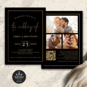3 Fotos Script Line QR Code Black Gold Wedding Einladung