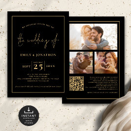 3 Fotos Script Line QR Code Black Gold Wedding Einladung