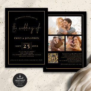 3 Fotos Script Line QR Code Black Gold Wedding Einladung