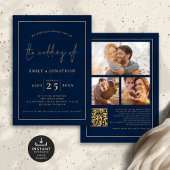 3 Fotos Script Line QR Code Navy Gold Wedding Einladung