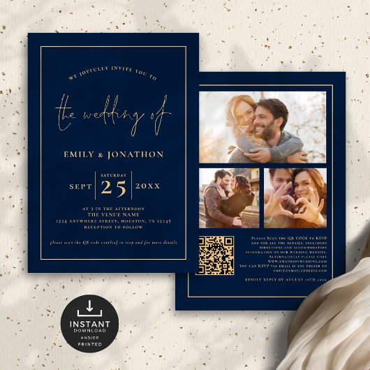 3 Fotos Script Line QR Code Navy Gold Wedding Einladung
