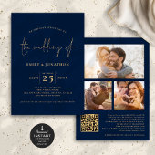3 Fotos Script QR Code Navy Blue Gold Hochzeit Einladung