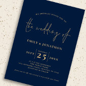 3 Fotos Script QR Code Navy Blue Gold Hochzeit Einladung