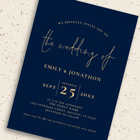 3 Fotos Script QR Code Navy Blue Gold Hochzeit Einladung