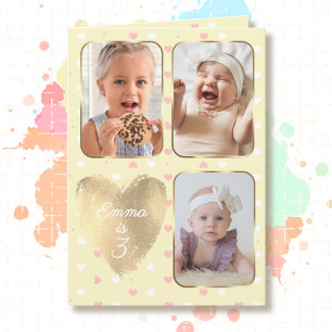 3. Geburtstag 3 Bilder Collage Gelb Pink Weiß Karte