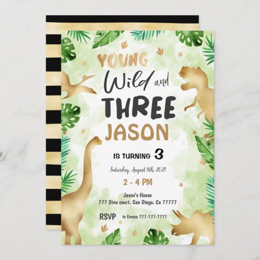 3. Geburtstag, Dinosaur Geburtstag Einladung (Vorne/Hinten)