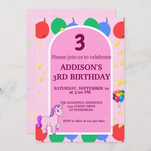 3. Geburtstag Einhorn Balloons Einladung (Vorne/Hinten)
