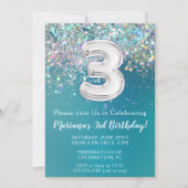 3. Geburtstag Einladung Aquamariner Silberner Glit (Vorderseite)