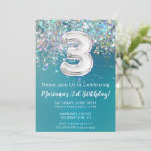 3. Geburtstag Einladung Aquamariner Silberner Glit (Stehend Vorderseite)