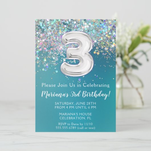 3. Geburtstag Einladung Aquamariner Silberner Glit (Stehend Vorderseite)