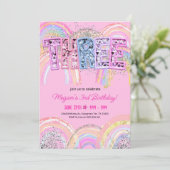 3. Geburtstag Einladung Girl Editable Rainbow Sequ (Stehend Vorderseite)