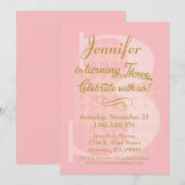 3. Geburtstag Einladung Girls Pink Goldene Herzen (Vorne/Hinten)