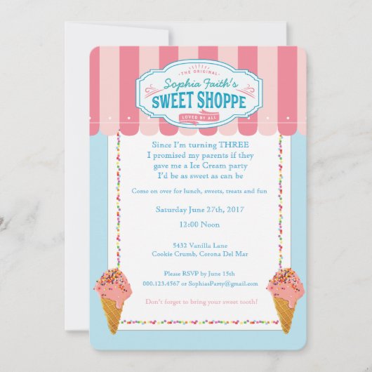 3. Geburtstag Eiscreme Party Einladungen Süß (Vorderseite)