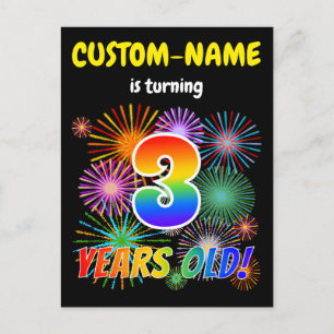 3. Geburtstag - Fun Fireworks, Regenbogen Look "3" Postkarte