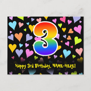 3. Geburtstag: Fun Hearts Pattern, Regenbogen 3 Postkarte