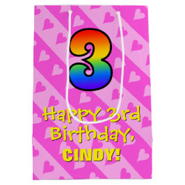 3. Geburtstag: Fun Pink Hearpes Stripes & Rainbow  Mittlere Geschenktüte