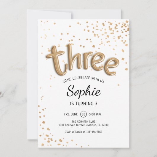 3. Geburtstag - Gold White Einladung (Vorderseite)