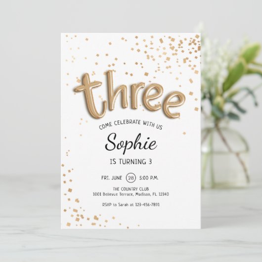 3. Geburtstag - Gold White Einladung (Stehend Vorderseite)