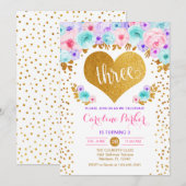 3. Geburtstag - Goldenes Herz Aquamarines Lila Ros Einladung (Vorne/Hinten)