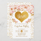 3. Geburtstag - Goldenes Herz Weißes Rosa Bläschen Einladung (Vorne/Hinten)