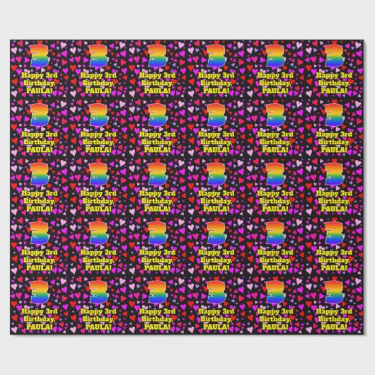 3. Geburtstag: Liebesherzen-Muster, Regenbogen # 3 Geschenkpapier (Flach)