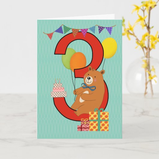 3. Geburtstag mit Sitzbären Karte (Gelbe Blume)