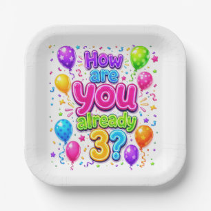 3. Geburtstag Neonballons und Konfetti Pappteller