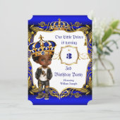 3. Geburtstag Party Blue Gold Crown Ethnic Einladung (Stehend Vorderseite)