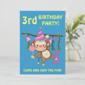3. Geburtstag Party Niedlicher Affe+Farbige Ballon Einladung (Stehend Vorderseite)