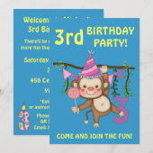 3. Geburtstag Party Niedlicher Affe+Farbige Ballon Einladung (Vorne/Hinten)