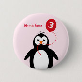 3. Geburtstag Pinguin hinzufügen Name Rosa Button (Vorderseite)