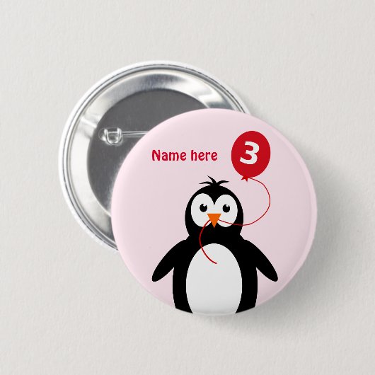 3. Geburtstag Pinguin hinzufügen Name Rosa Button (Vorne & Hinten)
