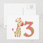 3. Geburtstag Pink Giraffe Postkarte (Vorne/Hinten)