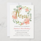 3. Geburtstag Pink Gold Blumenstrauß Einladung (Vorderseite)