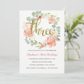 3. Geburtstag Pink Gold Blumenstrauß Einladung (Stehend Vorderseite)