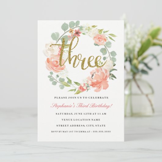 3. Geburtstag Pink Gold Blumenstrauß Einladung (Stehend Vorderseite)