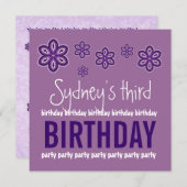 3. Geburtstag - Purple Flowers Individuelle Name T Einladung (Vorne/Hinten)