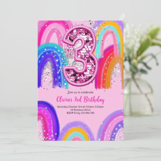 3. Geburtstag Rainbow Fun Glitzer Einladung (Stehend Vorderseite)