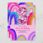 3. Geburtstag Rainbow Fun Glitzer Einladung (Vorne/Hinten)