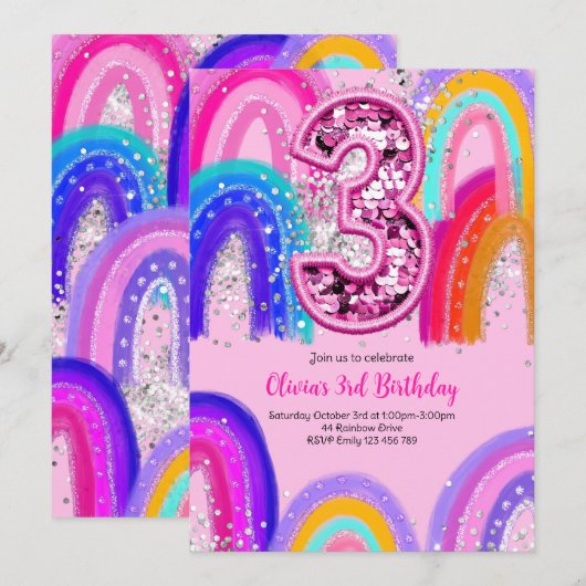 3. Geburtstag Rainbow Fun Glitzer Einladung (Vorne/Hinten)