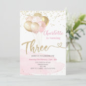 3. Geburtstag Rosa und Gold Ballons Einladung (Stehend Vorderseite)