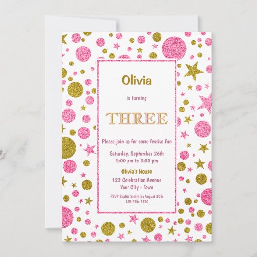 3. Geburtstag - Rosa und Gold Glitzer Einladung (Vorderseite)