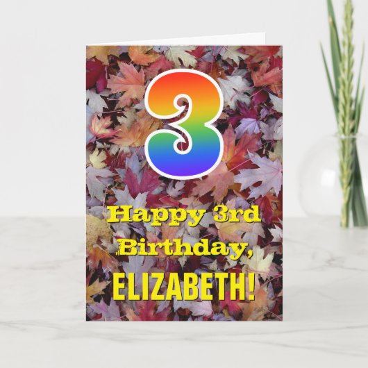 3. Geburtstag; Rustikale Herbstblätter; Regenbogen Karte (Vorderseite)