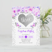 3. Geburtstag - Silberherz Weiße Lila Blüte Einladung (Stehend Vorderseite)