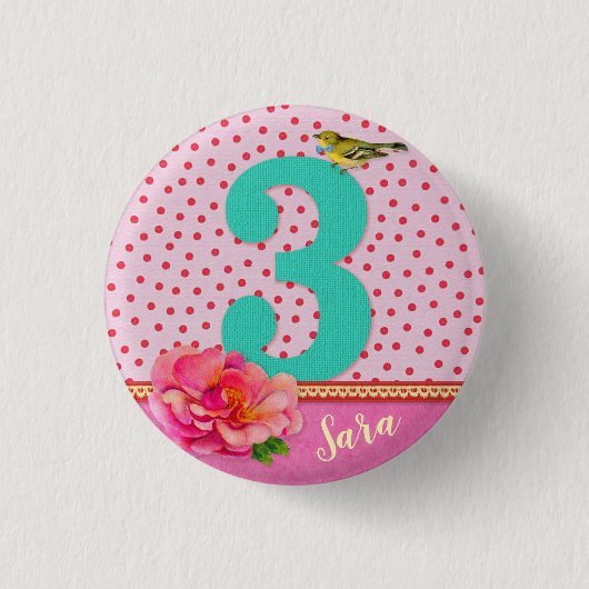 3. Geburtstag Vintage Boho Blumen Button (Vorderseite)