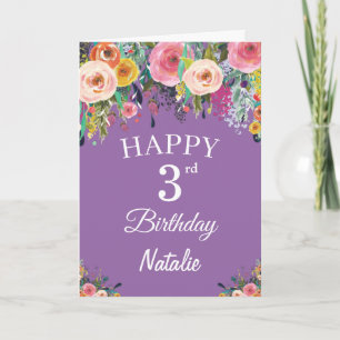 3. Geburtstag Wasserfarbe Floral Blumen Lila Karte