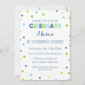 3. Geburtstaggrün-blaue Confetti-Foto-Einladung Einladung (Rückseite)