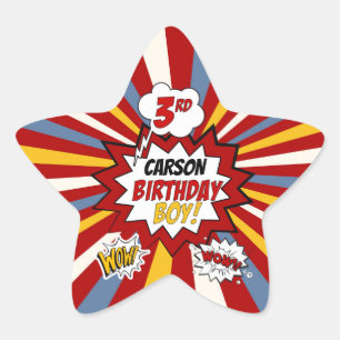 3. Geburtstags-Boy Superhero-Comic mit dem Namen Stern-Aufkleber