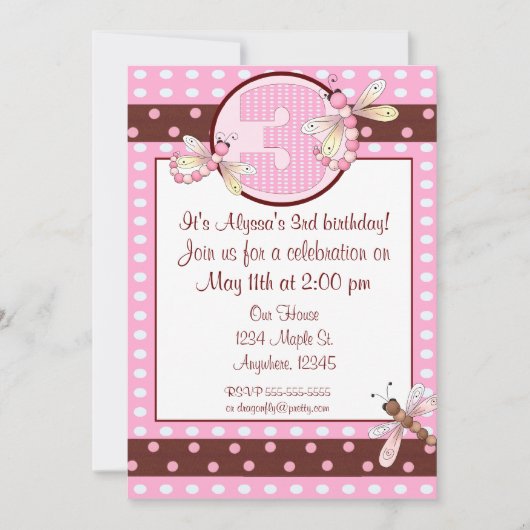 3. Geburtstags-Partyrosapunkt-Libellenmädchen Einladung (Vorderseite)
